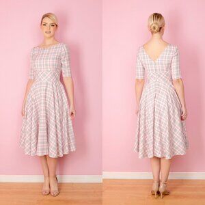 The Pretty Dress Company Hepburn Tartan Swing Dress in Pale Pink - UK 10